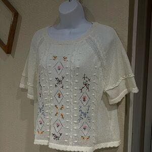 SHEIN Cream Knit Blouse with Colorful Embroidery